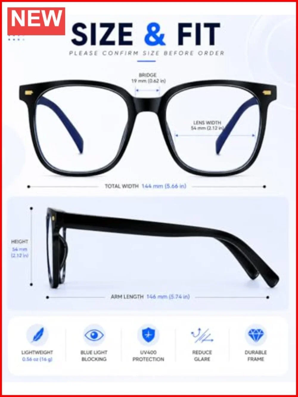 Oversized Square Blue Light Blocking Glasses Anti Glare Computer TR90